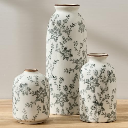 Ceramic Flower Decorative Antique Vase Set of 3, Vintage Rustic