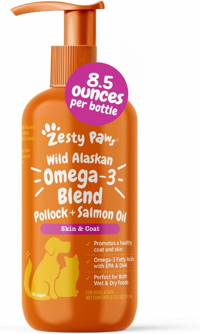 Amazon.com : Zesty Paws Wild Alaskan Omega-3 Blend Pollock + Salmon Oil for Dogs and Cats- Skin and Coat Support, Omega 3 Supplement for Pets, 8.5oz : Pet Supplies