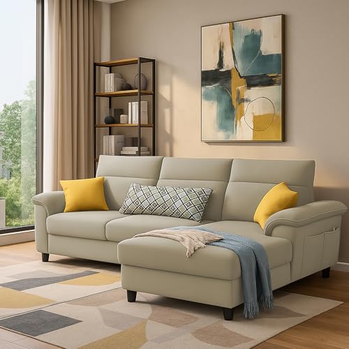 Image of Casaliving Seams RHS 4 Seater L Shape Sofa for Living Room (Cream Fabric) Premium Fabric Sofa