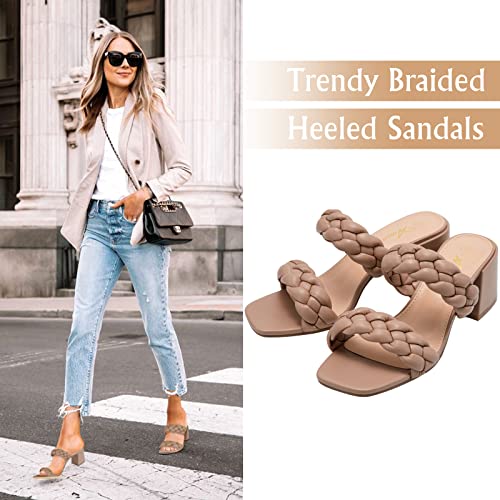 Athlefit Women's Braided Heeled Sandals Strappy Square Open Toe Heels Backless Mules Slip On Block Heels2