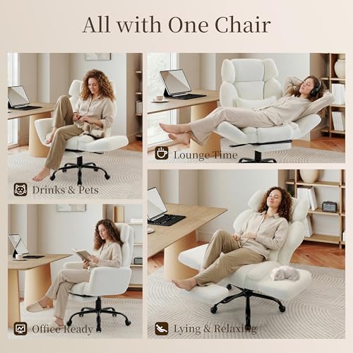 Image of Office Chair with Flip Armrests,Big and Tall Office Chair with Foot Rest,Extra Wide Seat & Lumbar Pillow,Ergonomic Computer Gaming Chair,Comfy Criss Cross Chair for Pets Sitting,Teddy Fleece,White