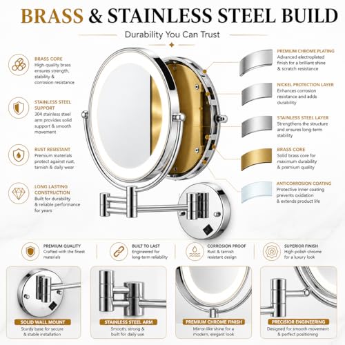 Image of ZAP LED Makeup Mirror with Light | 8 Inch Wall Mounted Double Sided Vanity Mirror | Brass & Stainless Steel | 3X /1X Magnification | Chrome Finish Bathroom Mirror