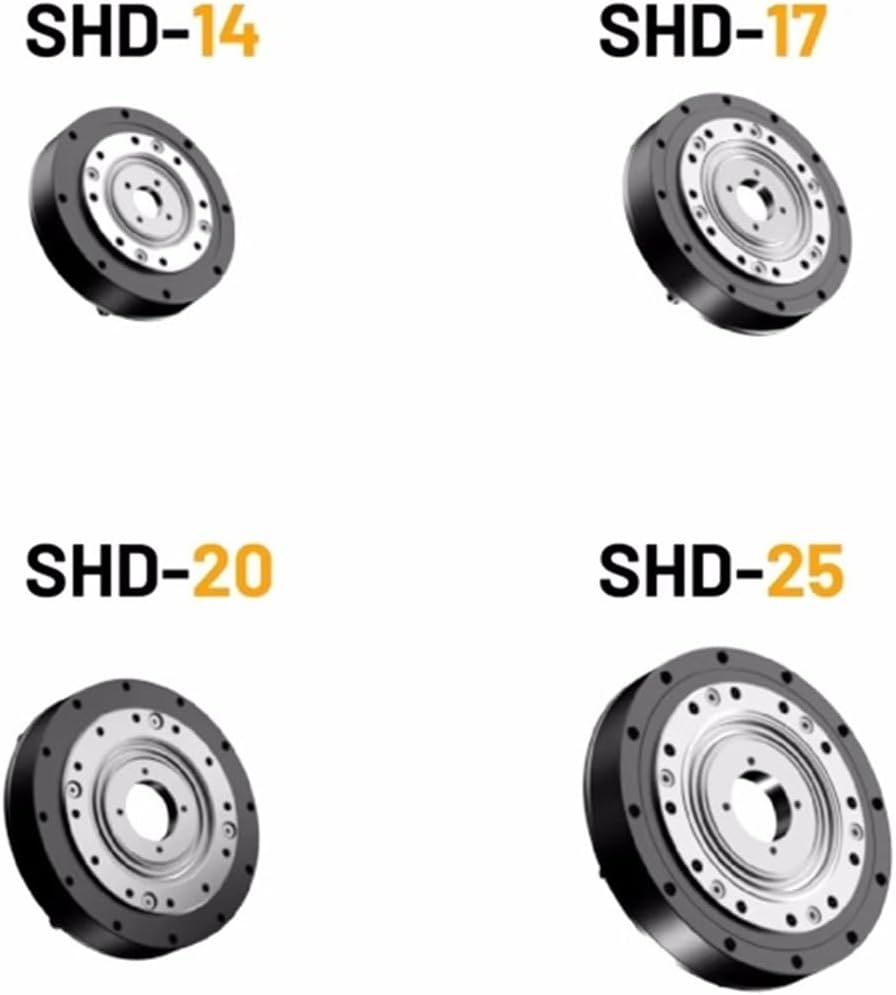 Comparison image showing different SHD series harmonic reducers: SHD-14, SHD-17, SHD-20, and SHD-25.