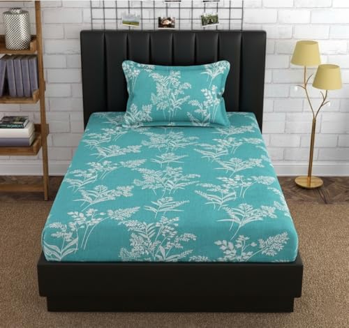 Image of Blue Strip Polycotton Fitted Bedsheet, Single 42x75 (Aqua Lily) | 300 TC | All-Round Elastic Grip | Soft, Breathable & Colourfast | Wrinkle Resistant | Machine Washable