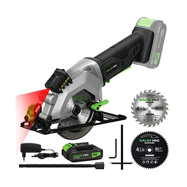 GALAX PRO Akku Kreissägen, 20V (2,0 Ah Akku mit Ladegerät) Laserführung, 2 x Kreissägeblatt-Ø115mm, 3400RPM, 45…