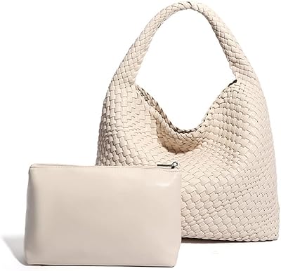Leather Weave Purses For Women Fashion Shoulder Hobo Bags Woven Tote Handbag Top Handle Bucket Bags (Creamy-White)