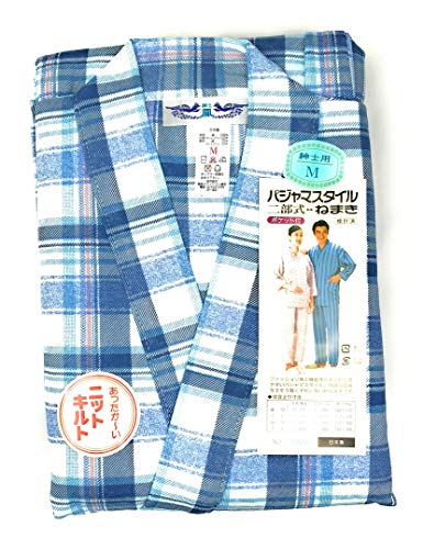 日本製 二部式ねまき パジャマスタイル あったか〜いニットキルト 男性用 ポケット付き Mサイズ (格子@)