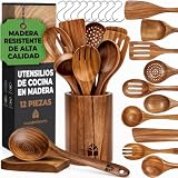 Utensilios de Cocina Madera 12 Pzs - Set de Espátulas y Cucharas de Madera, con Soporte, Reposacucharas y Ganchos. Antiarañazos. Accesorios Cocina con Agarre Cómodo para Sartenes Antiadherentes