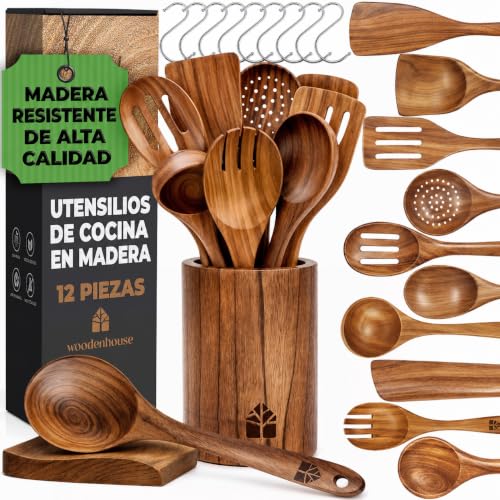 Utensilios De Cocina Madera 12 Pzs - Set De Espátulas Y Cucharas De Madera, Con Soporte, Reposacucharas Y Ganchos. Antiarañazos. Accesorios Cocina Con Agarre Cómodo Para Sartenes Antiadherentes