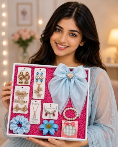 Image of CSN - CUTE SHOPPING NETWORK 11-Piece Girls Fashion Accessories Gift Set for Women & Teens - Satin Hair Bow, Scrunchie, Hair Claw Clip, Pearl Bracelet, Butterfly Necklace, Charm Bracelet, Earrings, Hair Clips & Press-On Nails - Birthday Gift Box
