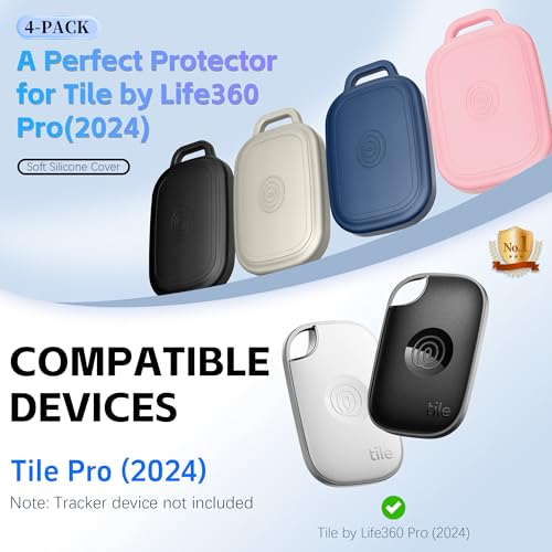 (4-Pack) Silicome Case for Tile Pro 2024, Waterproof Tile Pro Holder Full Body Protective Cover Compatible with Life360 Pro Tile Tracker with Keychain (Black/Off White/Blue/Pink)