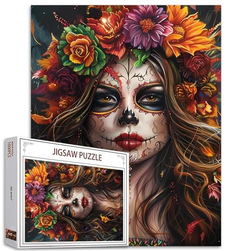 Tucocoo Rompecabezas del Día de los Muertos para adultos, 1000 piezas, calavera, flores, mujer, retrato, arte, rompecabezas colorido para decoración del hogar, regalos, rompecabezas familiar perfecto