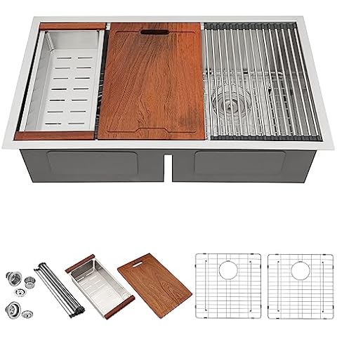 LORDEAR 32 Inch Double Bowl Undermount Kitchen Sink - 16 Gauge Stainless Steel Sink Workstation 50/50 Double Bowl with Smart Low Divider, 32x19 Double Basin Cover