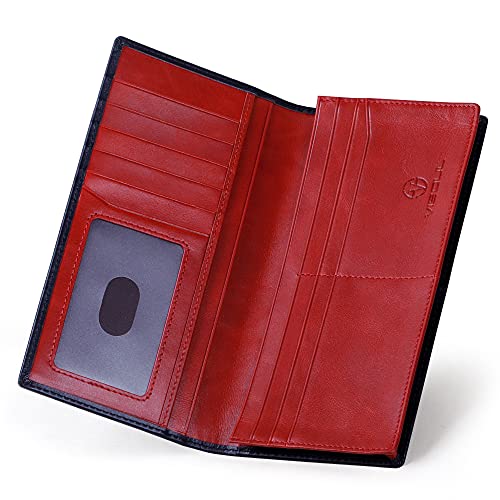Image of VISOUL Leather Checkbook Cover Wallet for Men with RFID Blocking, Mens Long Bifold Cash Tall Wallet with 11 Credit Card Slots 1 ID Window (Black and Burgundy)