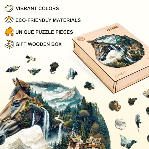 Puzzle de Madera para Adultos Río y Caballo Rompecabezas de Madera Forma Única 100 Piezas miniatura 3