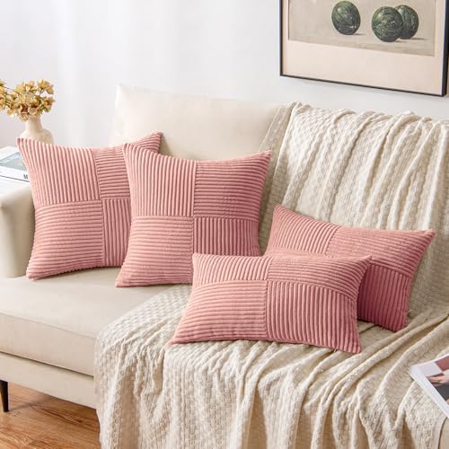 Image of MIULEE Blush Pink Decorative Throw Pillow Covers for Couch 18x18 Inch | 2 Pack, Boho Farmhouse Pillow Covers, Soft Cross Corduroy Patchwork Textured Cushion Cases For Bed Sofa