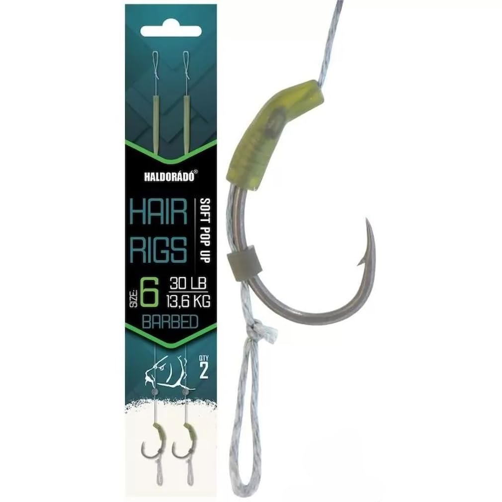 Haldorado Hair Rigs, Size 6 Barbed Hooks, Soft Pop Up, 22cm Length, 13.6kg/30lb, 2-Qty