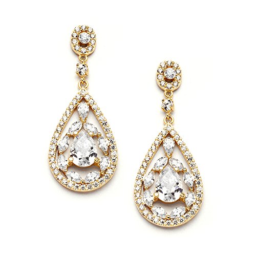 Mariell Gold Dangle Earrings for Brides, Wedding or Prom - Vintage Pear-Shape CZ Statement Chandeliers