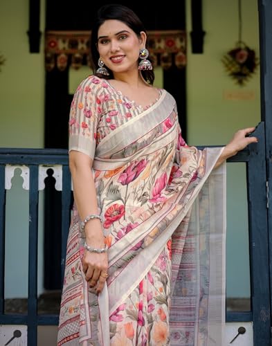 Image of SIRIL Women's Cotton Linen Printed Saree with Unstitched Blouse Piece
