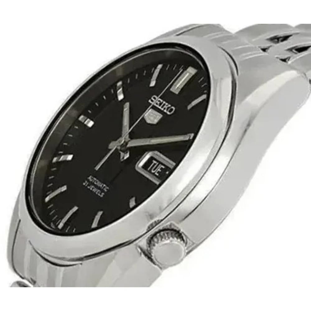 Seiko - SNK361K1-5 - Męski zegarek - automatyczny analogowy - czarna tarcza - szary pasek stalowy, Czarny/Szary, Klasyczny