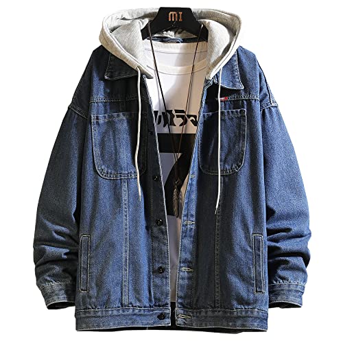 Image of Men's Denim Jacket Distressed Hooded Jean Jackets Baggy Ripped Trucker Coat | Loose Vintage Long Sleeve Denim Hoodie Cotton Button Down Jean Outerwear With Pockets Black Blue Hip Hop Streetwear Casual