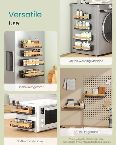 Image of SONGMICS 4-Pack Strong Magnetic Real Bamboo Spice Racks for Fridge | Kitchen Magnetic Shelves for Washing Machine, Spice Organizers, No Drilling Needed, Ink Black UKCS062BH01