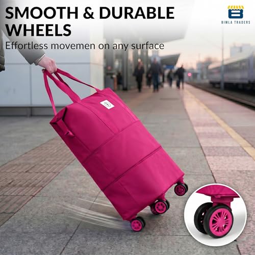 Image of Btag Travel Duffle Bag with Wheels | Convertible Handbag, Trolley & Shoulder Luggage for Clothes | Space-Saving Foldable Travel Companion | Expandable & Waterproof Traveling Bag for Unisex (Magenta)