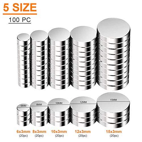 FEYG Aimants néodymes, 6&8&10&12&15x3mm Aimant Puissant Idéale pour Réfrigérateur, Surfaces Magnétiques, Tableau Blanc Interactif,Images, Bricolage (100 Pieces)
