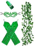POEWAUVE Halloween ivy costume accessories, Included Long Green Fingerless Gloves 5 Pieces Artificial Ivy Vines Green Masks for Halloween Women Cosplay