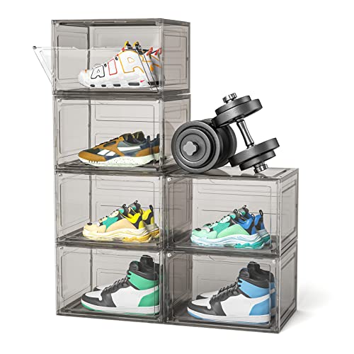 Shoe Storage Boxes Shoe Display Case, 6 Pack Clear Plastic Stackable Sneaker Box, Shoe Organizer for Closet Shoe Holder, Zapateras Organizer with Wide Magnetic Door for Shoes Drop Front Shoe Box Fit up to US Size 12, Grey