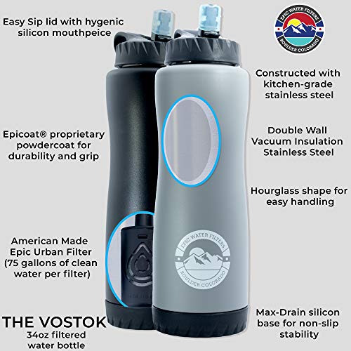 Epic Vostok | Vacuum Insulated Water Bottle with Filter | USA Made Filter | Dishwasher Safe | Stainless Steel | BPA Free Water Bottle | Removes 99.9% Tap Water Contaminants | Coldest | Simple | Modern
