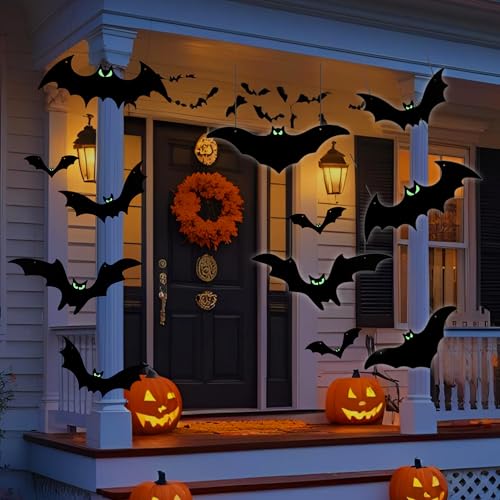 Hanging Bats Halloween Decorations Outdoor - 16 Pack Glowing Eyes Large Flying Bats 5 Different Size, Waterproof Plastic Realistic Black Bats Hanging in Tree Outside Halloween Decoration for Porch2