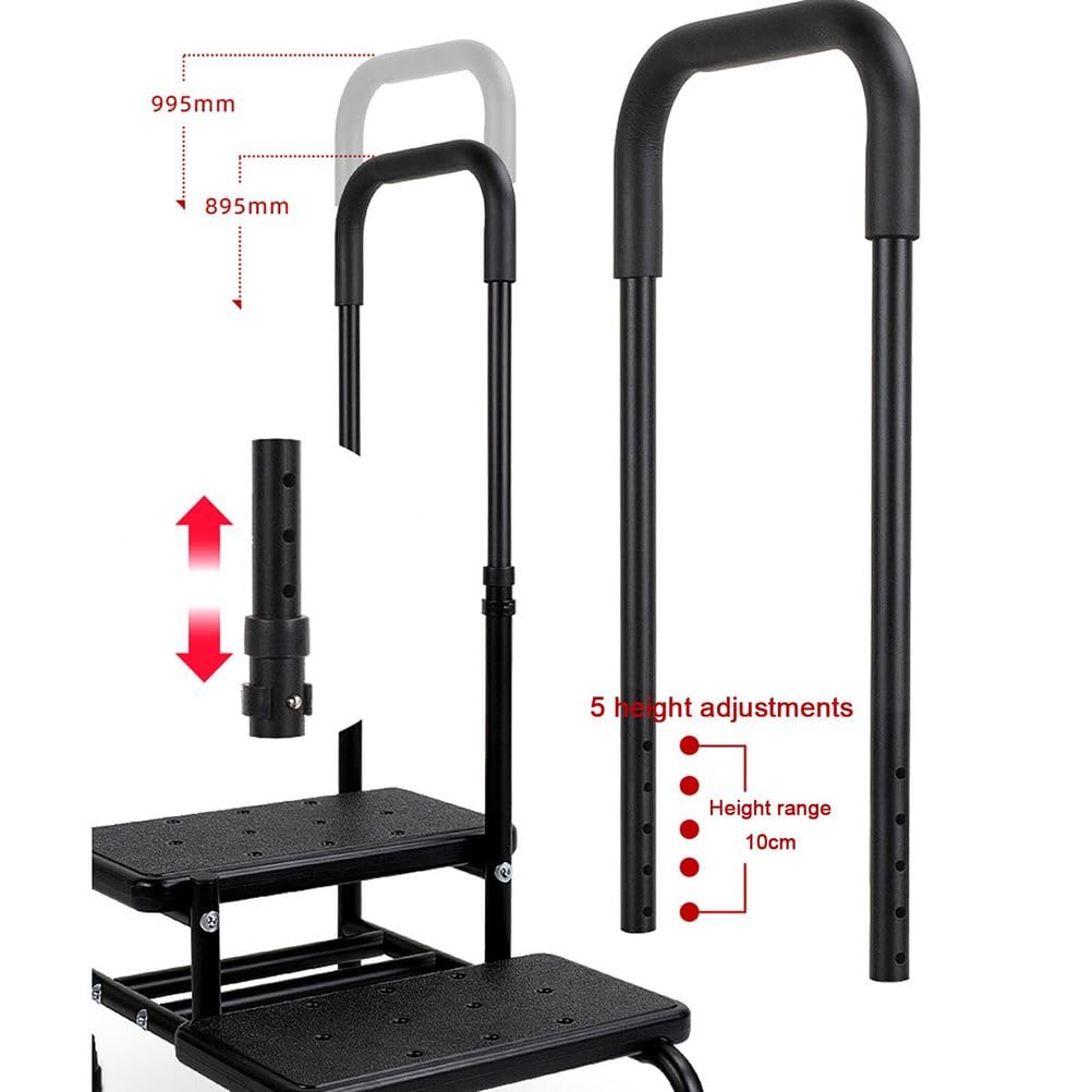 Taburete ajustable con pasamanos y plataforma antideslizante para mayor seguridad en dormitorio, cocina y baño