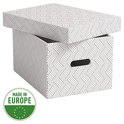 VON Leitz 3er Set Aufbewahrungsbox mit Deckel, 15 L, Medium, 100 % Recyclingkarton, Geometrisches Design, Für Schule, Studium & Haushalt, Weiß, 3 Stück, 61410001