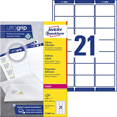 Étiquettes adresses Avery Dennison L7160-250 pour imprimante laser 63,5x38,1 mm