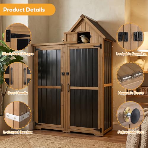 Image of PetsCosset Outdoor Storage Cabinet Wood & Metal Garden Shed with Lockable Doors, 3 Adjustable Shelves, Weatherproof Patio Backyard Storage for Tools & Garden Supplies