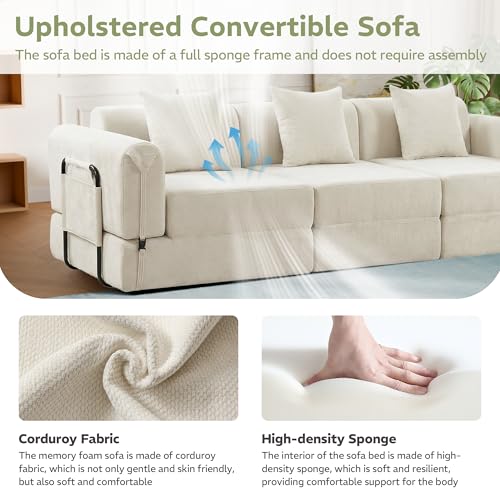 Image of 100 inch Convertible Sofa Bed, 5-in-1 Modular Sectional Cloud Couch with Fixed-Shape Frame & Storage Pocket, No Assembly Required Boneless Sleeper Sofa for Living Room, Chenille Beige