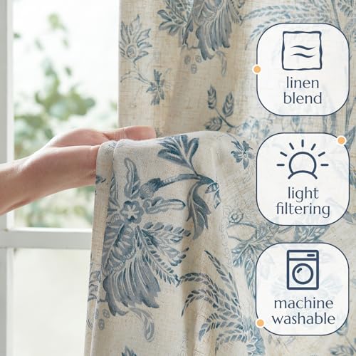Vangao Linen Blend Blue Floral Curtains for Bedroom, 84 Inch Length Printed Flower French Country Curtains for Living Room Light Filtering Drapes, Rod Pocket Window Treatments, 2 Panels Blue - Thumbnail 4