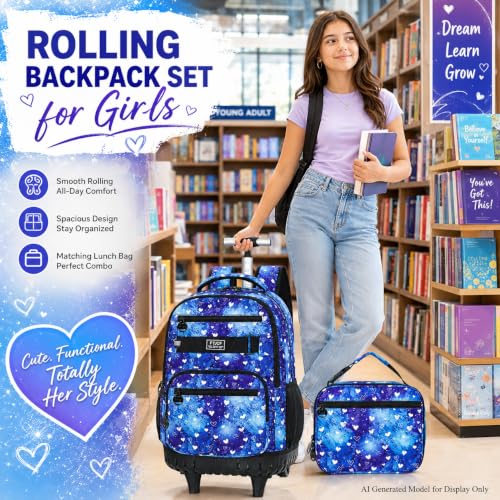 Image of 3Pcs Rolling Backpack for Girls Women, Travel Roller Backpacks with Wheels for Adults, Teens College Love Polka Dots Wheeled Bookbag with Lunch Box(Blue)