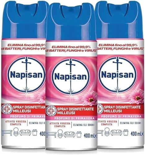 Napisan Spray Disinfettante Milleusi, Disinfettante Spray per Tessuti e Superfici, Fragranza Profumo di Primavera, Confezione da 3 Spray da 400ml
