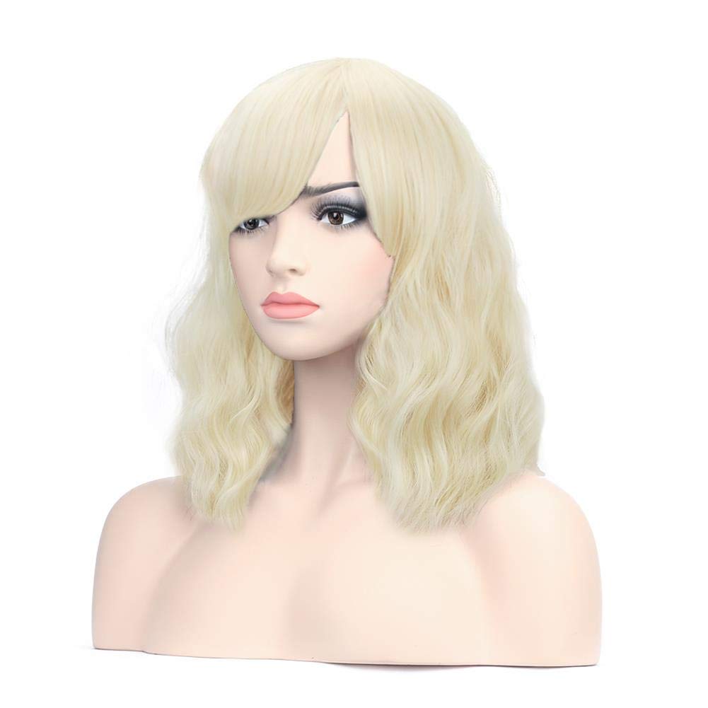 DAOTS 14'' Short Bob Curly Light Blonde Wigs With Bangs for Women Synthetic Hair Wig for Girls Natural Heat Resistant Wig