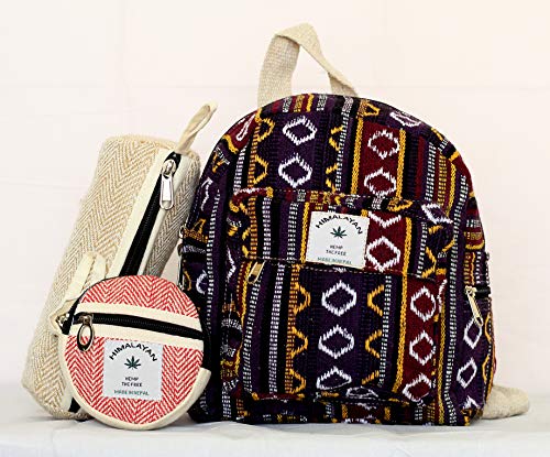 Eco Friendly Set Of Mini Backpack + Pen Case + Coin Purse Hemp University Light Weight Backpack For Girl (Purple) #TOP5
