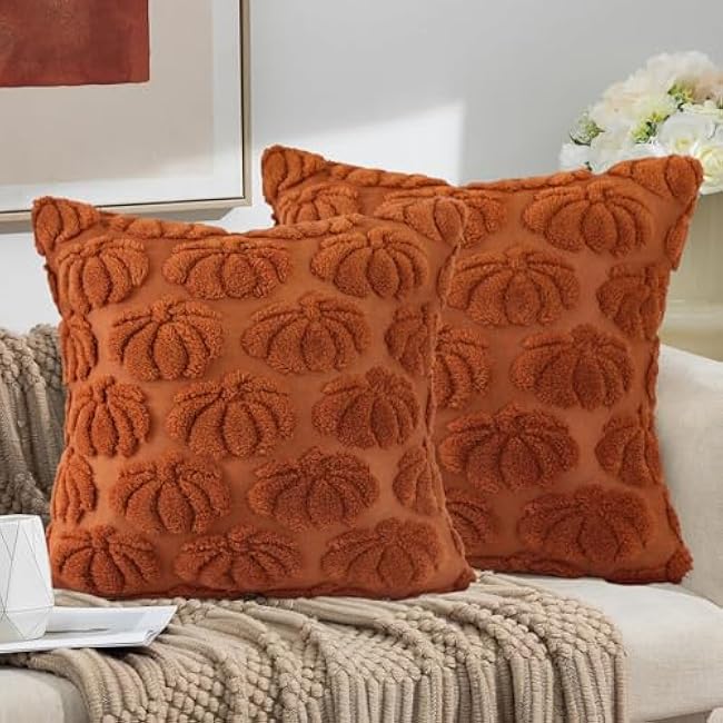 2 Pieces Fall Pillow Case Cover 18x18 Pumpkin Pattern Soft Plush Faux Wool Couch Throw Pillow Covers Decoration