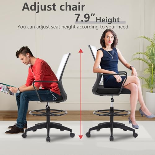 Image of BestOffice Drafting Chair Tall Office Chair Adjustable Swivel Rolling Mesh Height with Lumbar Support Arms Footrest Mid Back for Adults Standing Desk Drafting Stool (Beige)