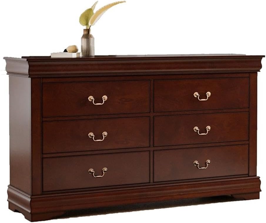 BOWERY HILL Transitional Solid Wood 6-Drawer Double Dresser, Cherry Finish, 58.38" W x 15.75" D x 35.25" H, Wood Veneer, Antiqued Handles, Ample Bedroom Storage for Clothing and Accessories