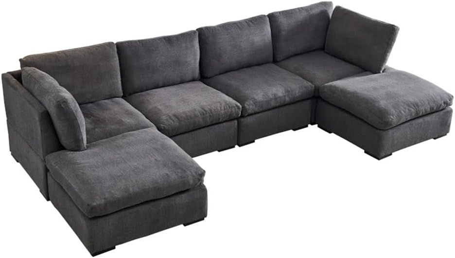 Modular Sofa, U Shape with 4 Single Seat and 2 Ottoman,Filled with Down,Soft Linen Fabric,Suit for Living Room