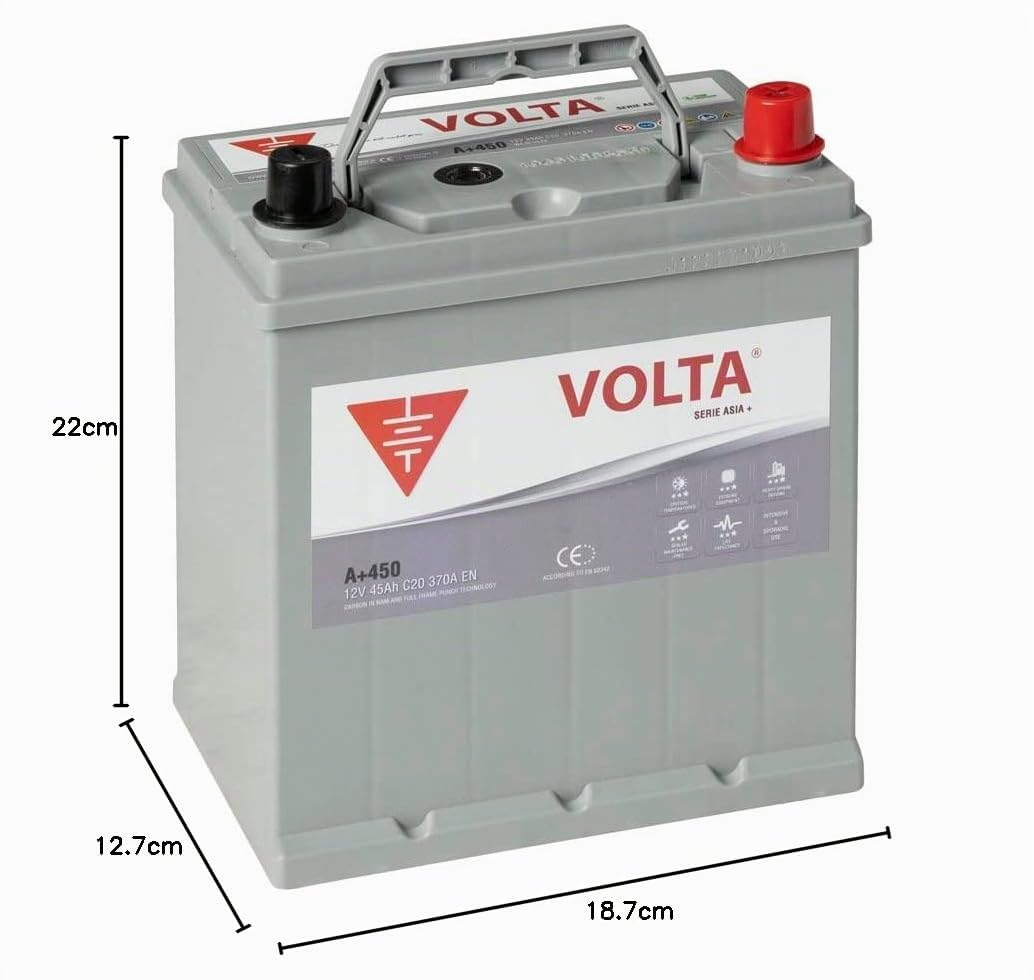 Bateria de Coche Marca Asiática 45Ah 370A Volta A+450D - Borne +Dcha - Medidas Largo 187 x Ancho 127 x Alto 220 mm con 2 años de Garantía - Fabricación Europea.