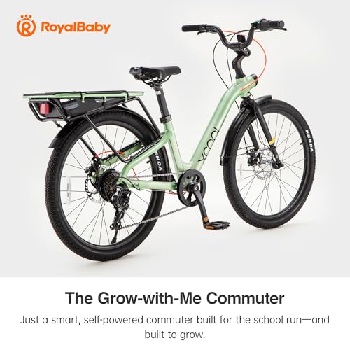 Image of RoyalBaby 24 Inch Kids School Bike for Boys Girls Ages 10-15, Lightweight Aluminum Frame, Shimano 7-Speed, Growing Handlebar, 25kg Rear Rack, Self-Powered Lights, Fenders
