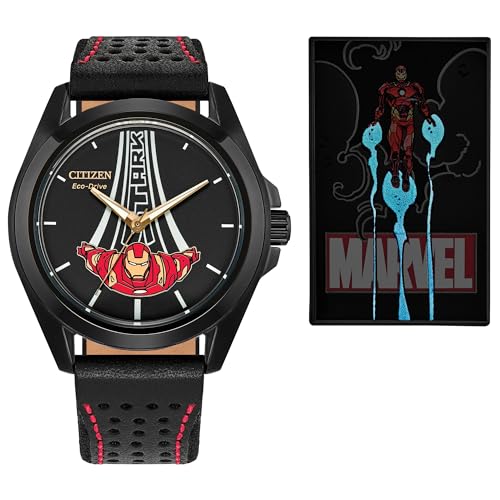 Image of Citizen Men's Eco-Drive Marvel Tony Stark Watch, Black Leather Strap, Black Dial, 3 Hand (Model: AW2095-41W)