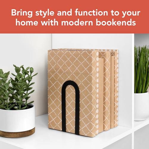 Image of Spectrum Elements Small Modern Bookends Decorative Bookshelf Organizer for Heavy & Light Books Records & More, Modern Metal Bookends with Minimalist Design Book Holder Organization, Black
